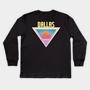 Dallas City Skyline Silhouette Sunrise Retro 80's / 90's Vaporwave Aesthetics - Bright Vintage Design For Sunny Summer Days Kids Long Sleeve T-Shirt